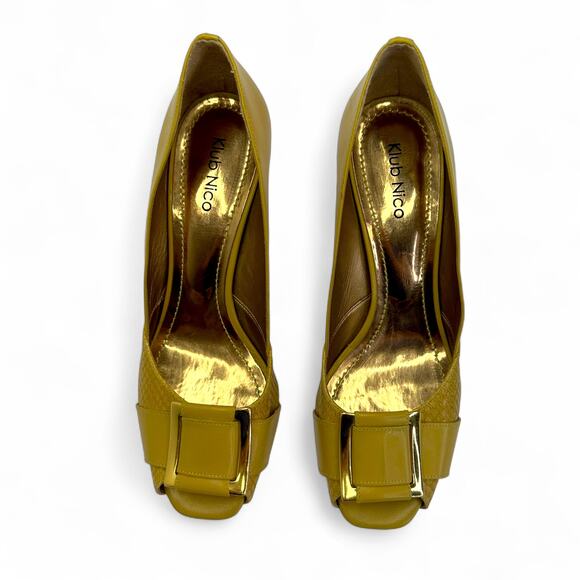 Klub Nico Women's Peep Toe Heels Size BZ 37 US 8 Mustard Yellow Square Buckle - Picture 3 of 13